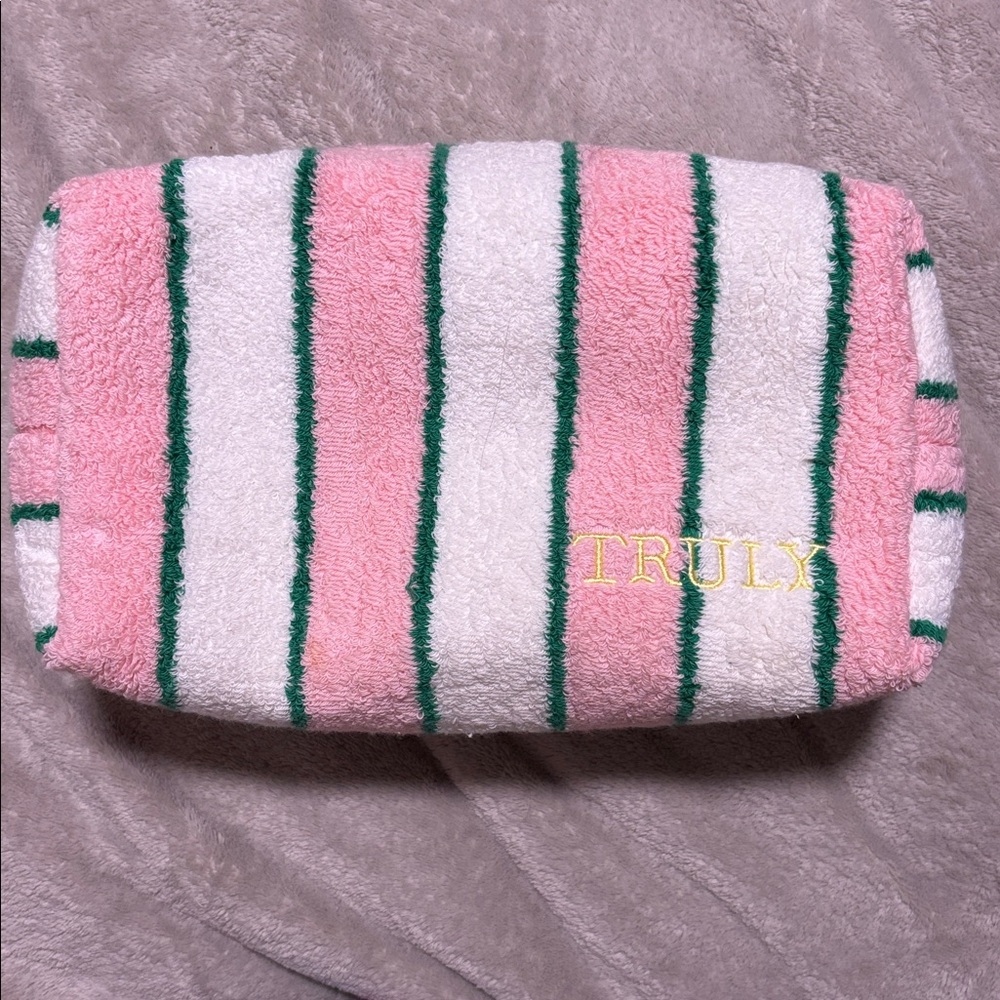 Truly…Pink, Green & White Striped Towel Textured Skincare Zippered Pouch 6x12x4